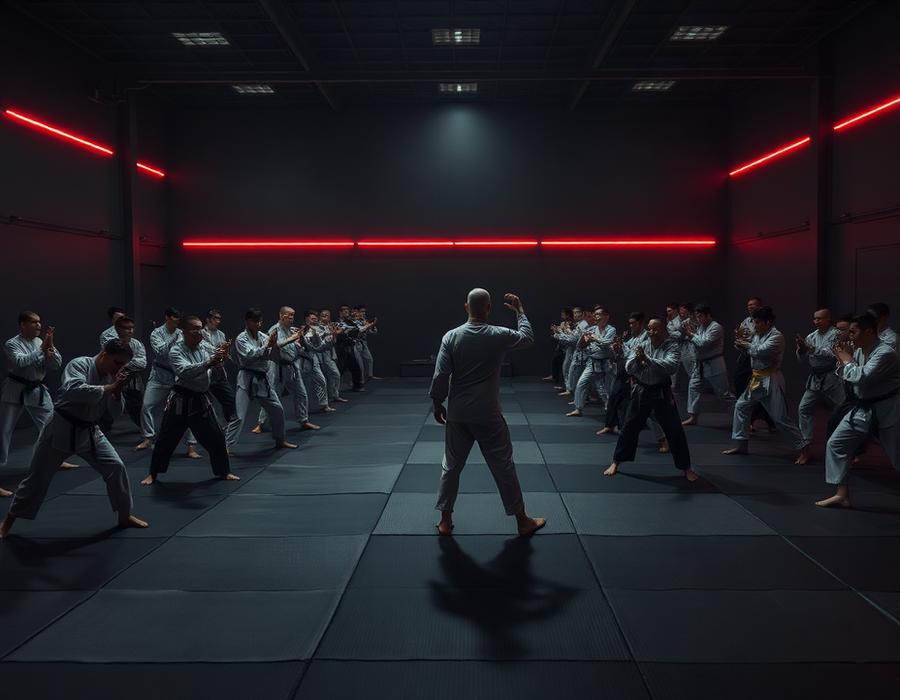 Interior da academia com tatames, ringue e equipamentos