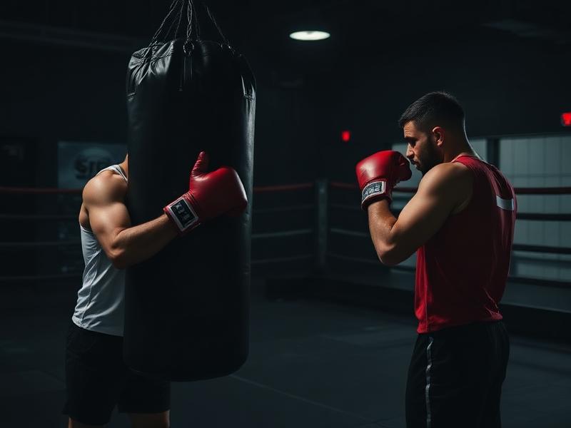 Aluno treinando boxe com luvas vermelhas em saco de pancada