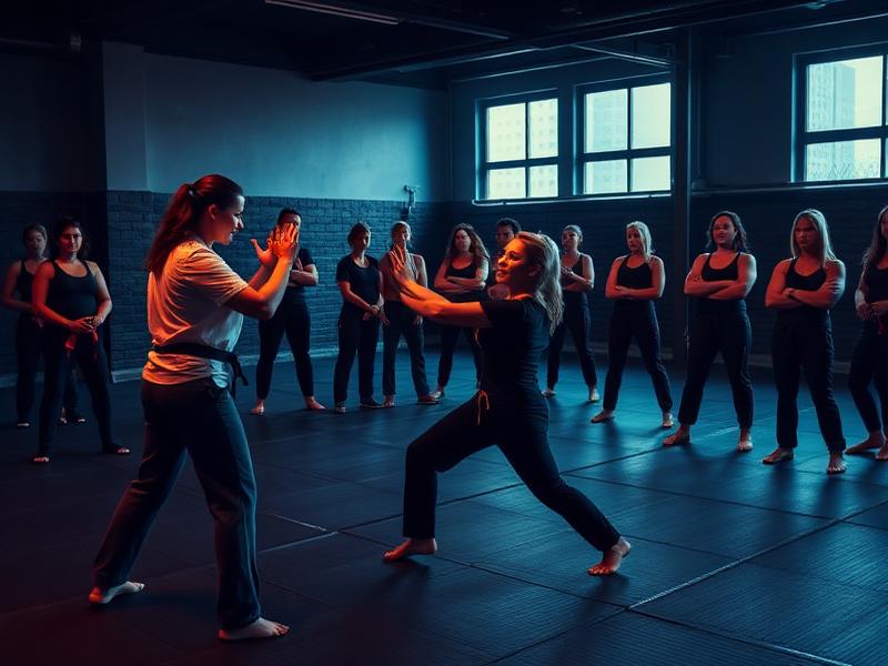 Aula de defesa pessoal com turma praticando técnicas de escape