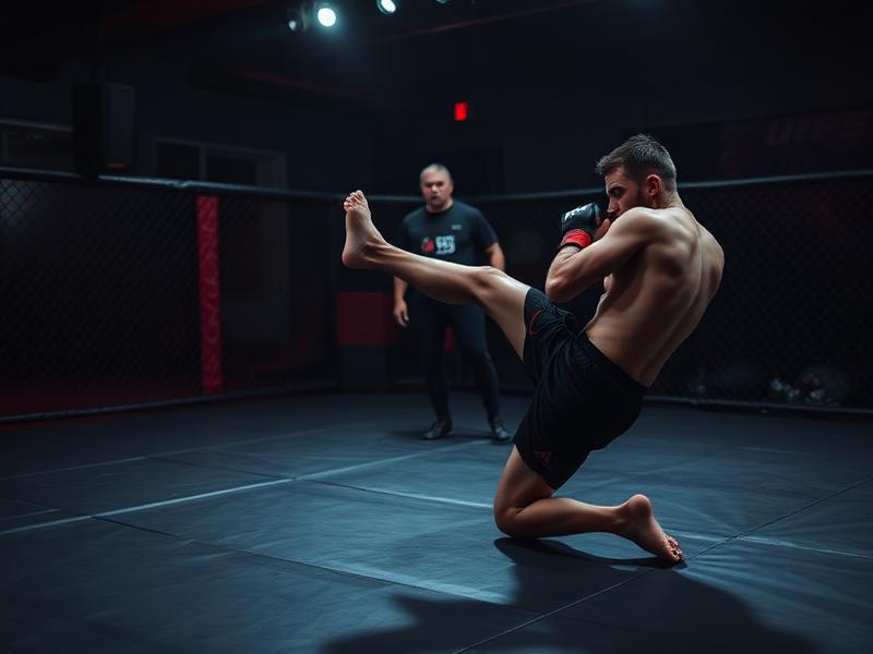 Atleta treinando chute em aula de MMA