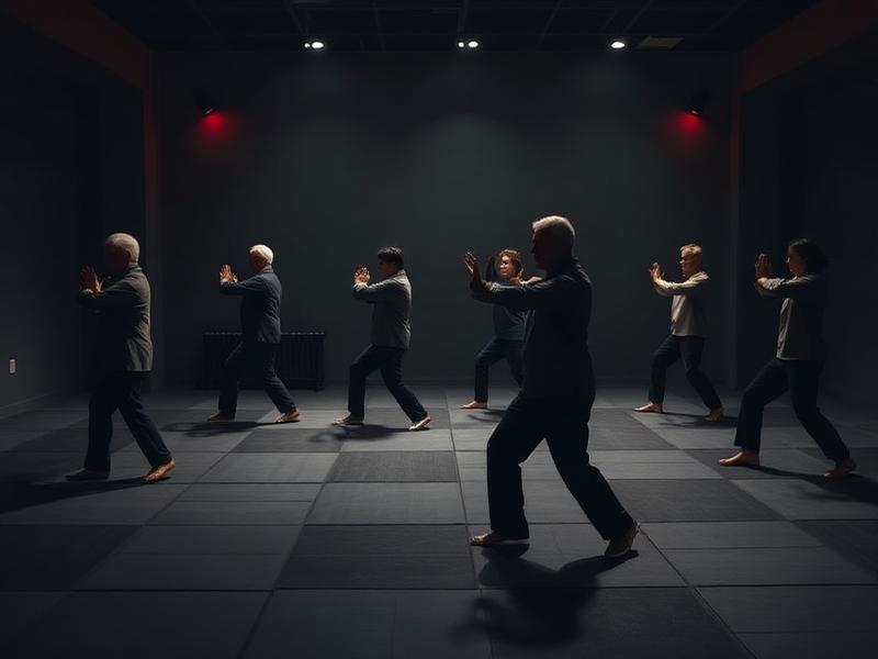 Turma praticando formas de Tai Chi Chuan em movimento lento