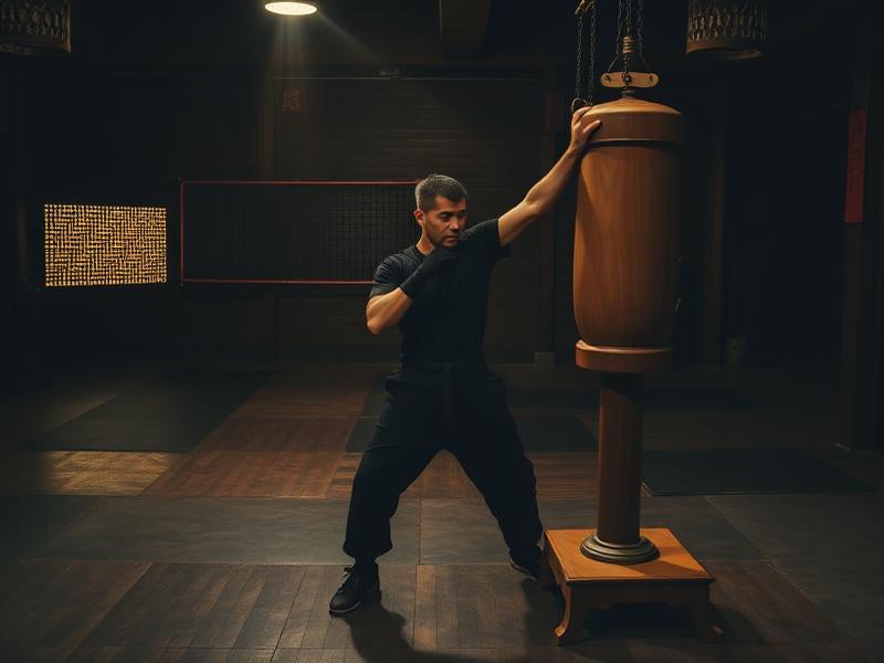 Praticante de Wing Chun treinando em boneco de madeira
